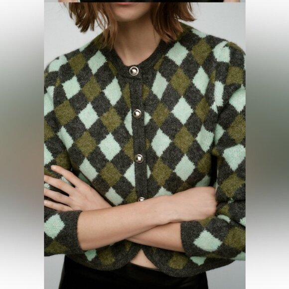 ZARA ARGYLE KNIT JACQUARD CARDIGAN - Picture 3 of 6